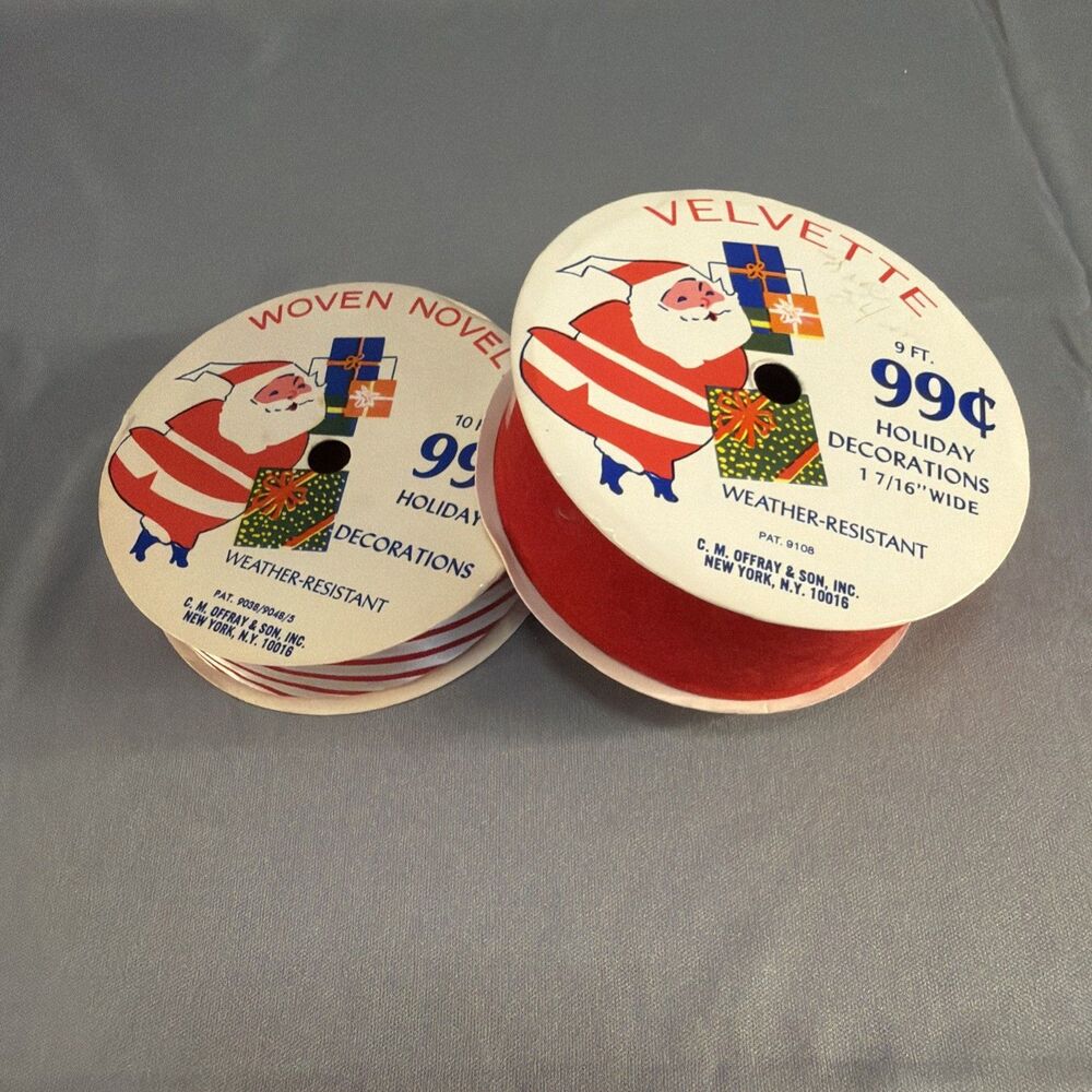 Vintage Christmas Ribbon NICE SANTA GRAPHICS Red Velvet and Red/White Stripes